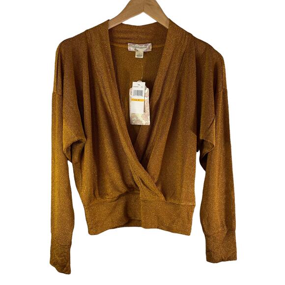 NWT Band of Gypsies Women's Long Sleeve Surplice Top Metallic Gold S Boho Fairy - Picture 1 of 8